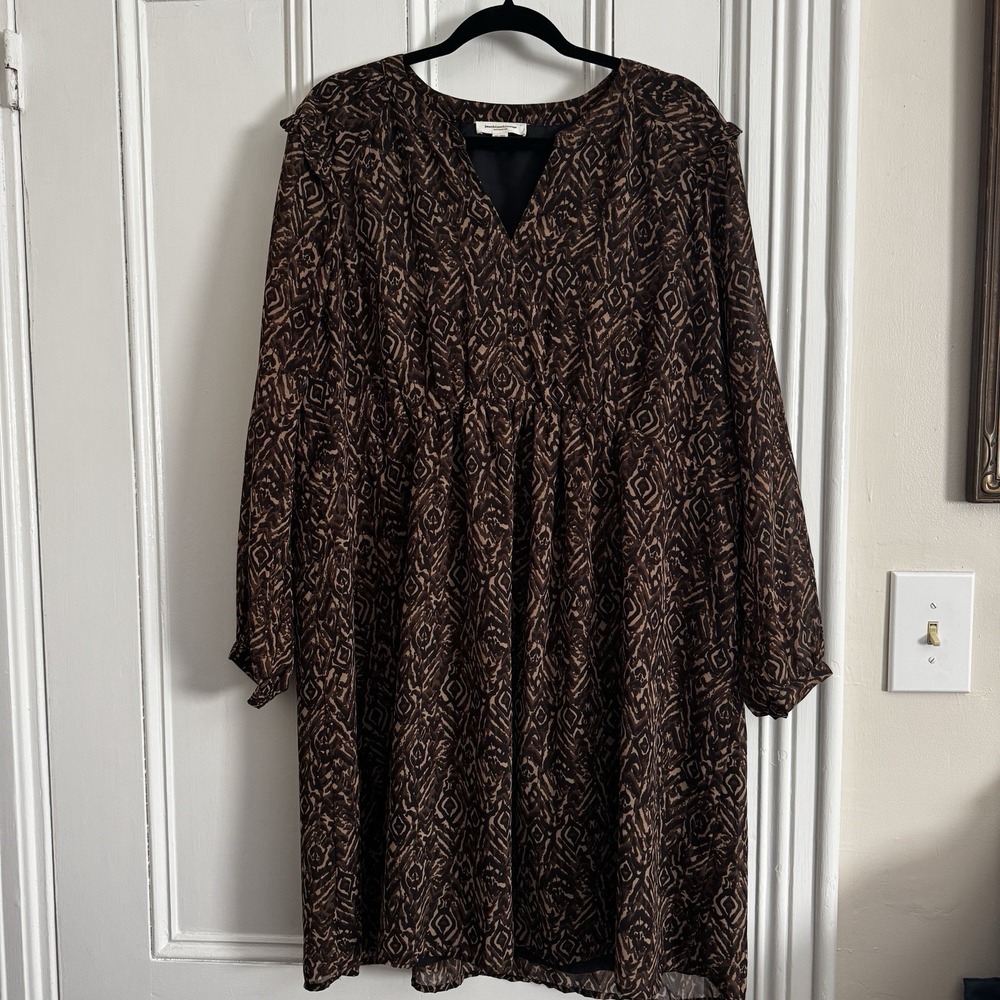 BeachLunchLounge Women's Dress XXL 2XL Brown Patter Long Sleeve V Neck Boho Fall